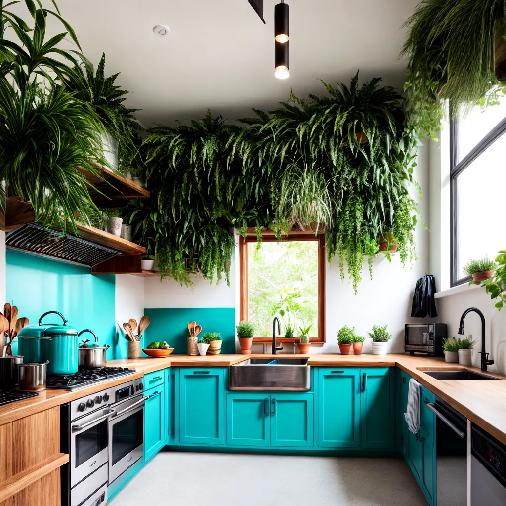 cozinha vibrante plantas pendentes