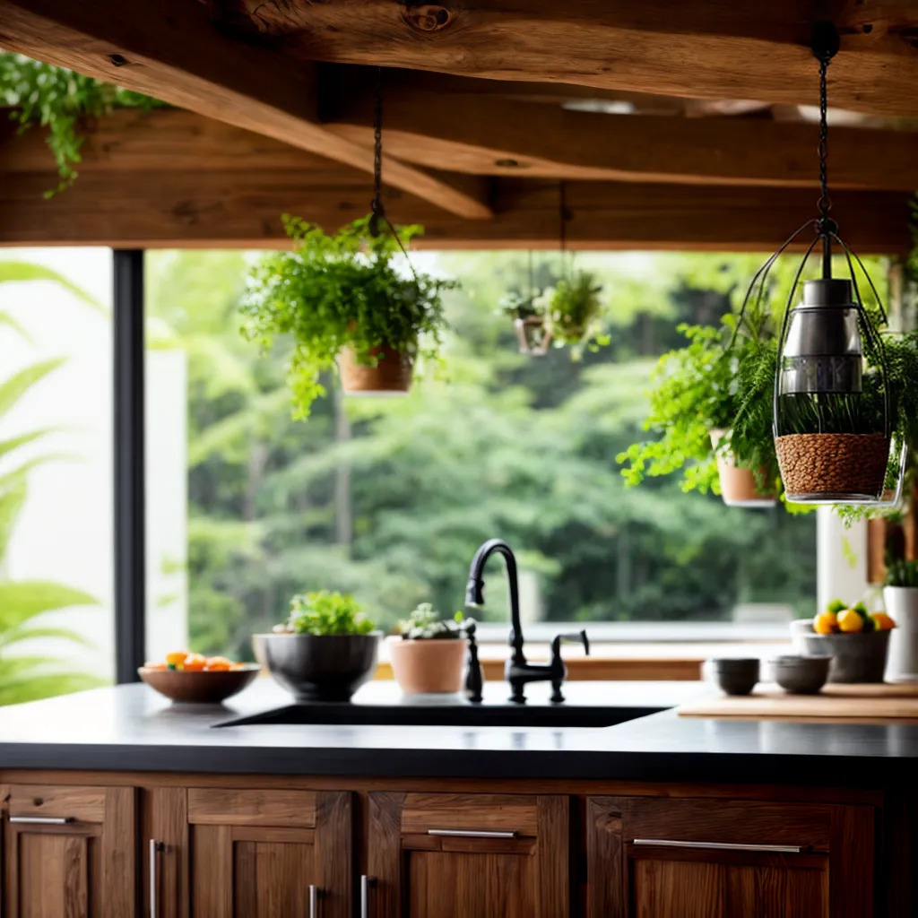 cozinha acochegante mesa rustica plantas