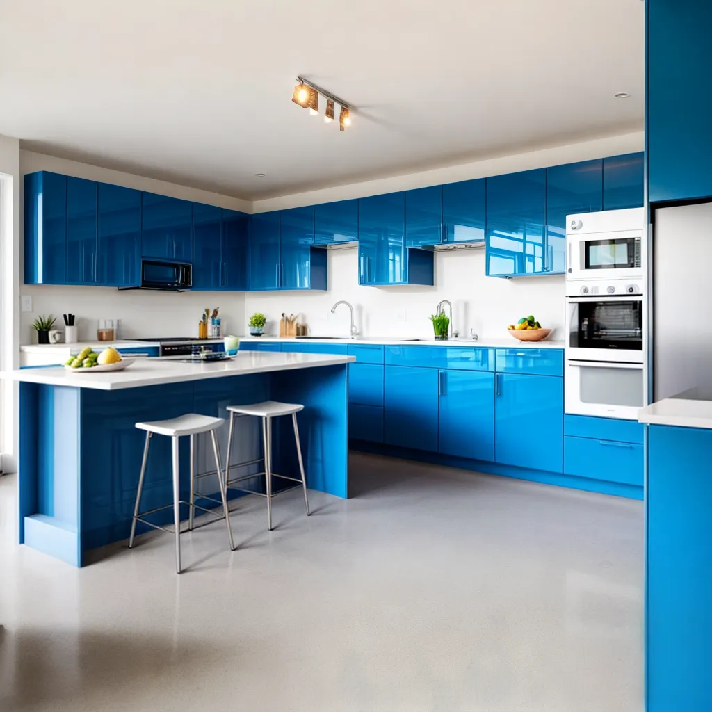 cozinha moderna parede azul prateleiras coloridas