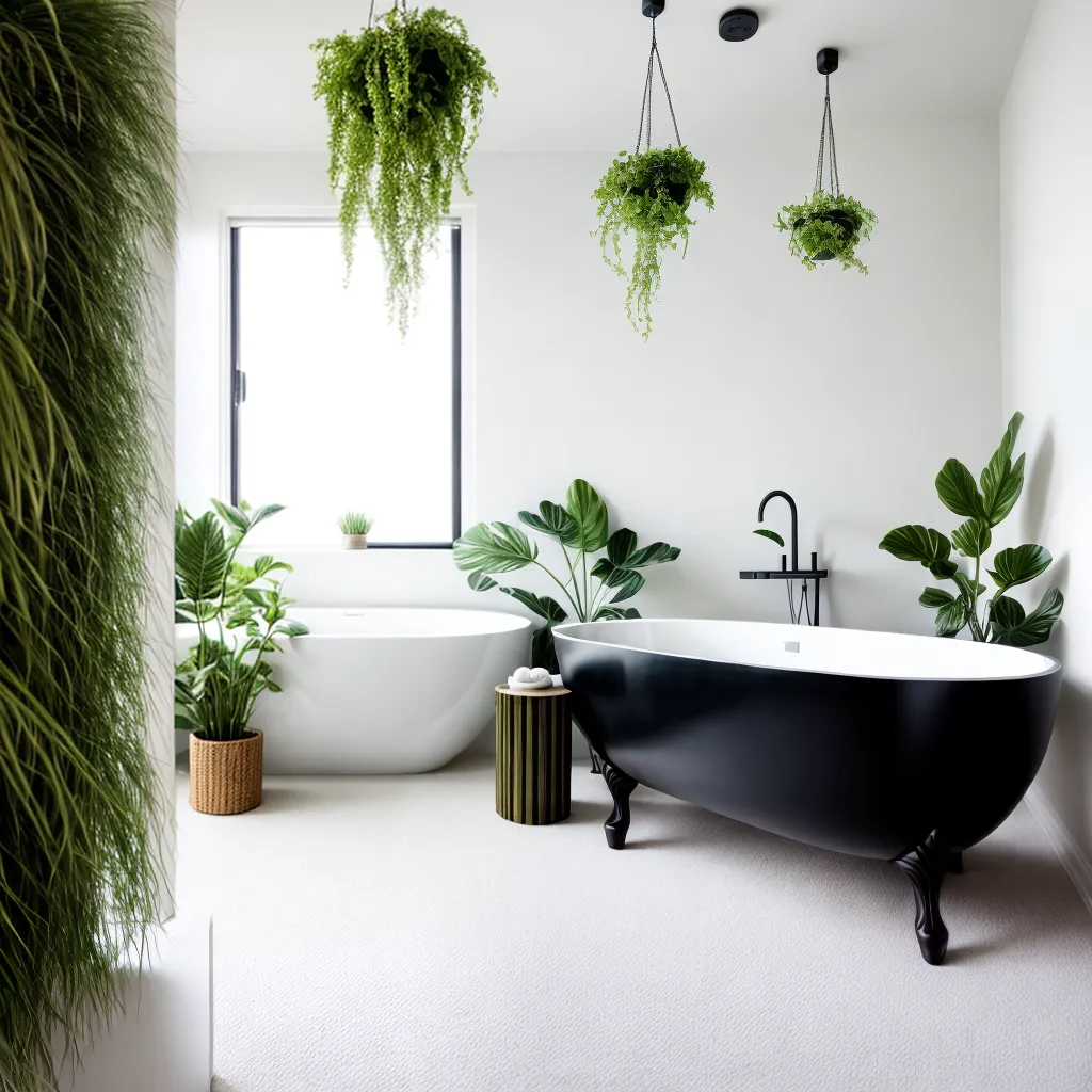 banheiro sereno minimalista plantas pendentes