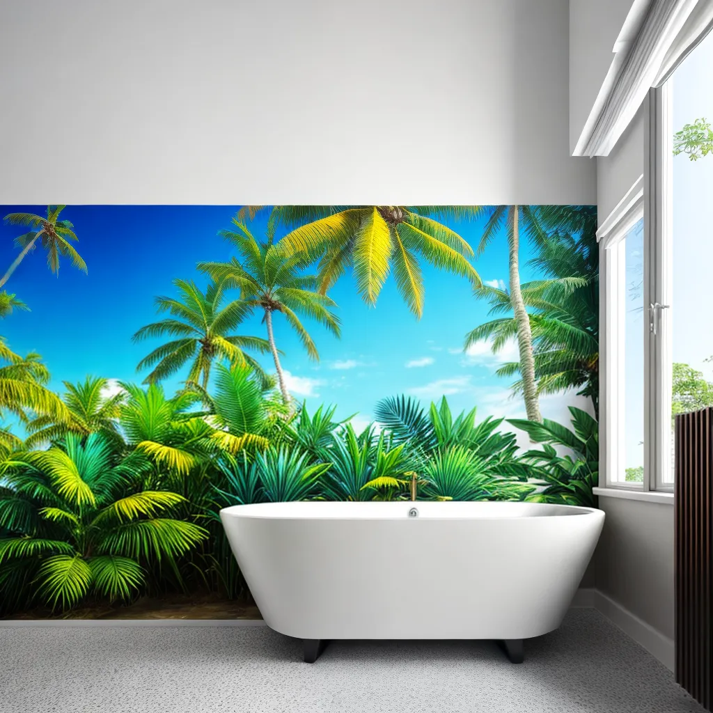 banheiro tropical azulejos palmeiras aves