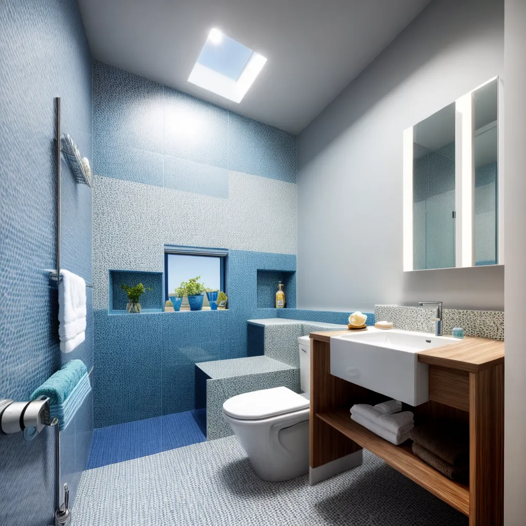 banheiro vibrante azul branco mosaico