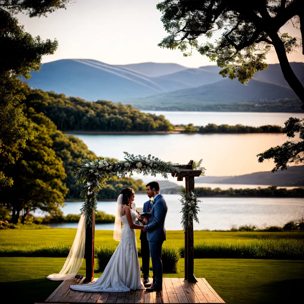 casamento por do sol lago arco flores