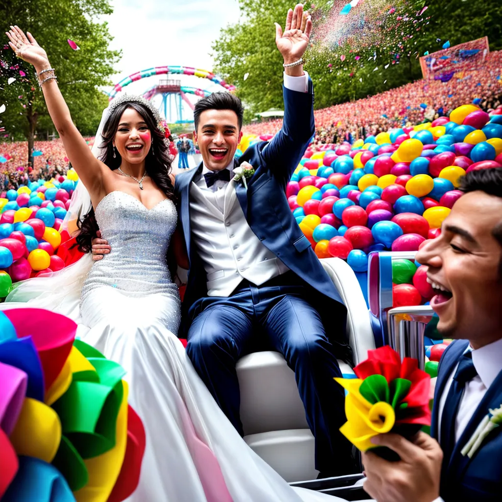 casal recem casado montanha russa festa