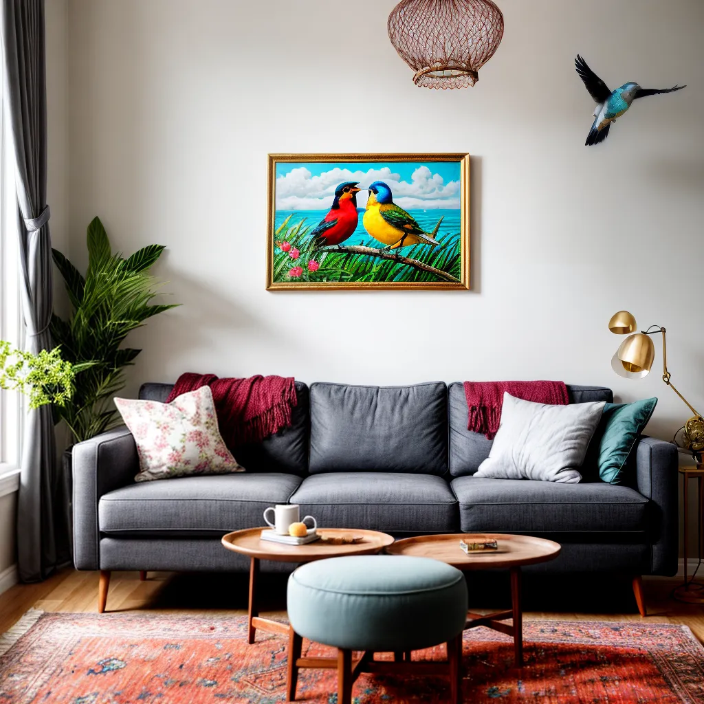 sala decorada passaros pintura almofadas gaiola