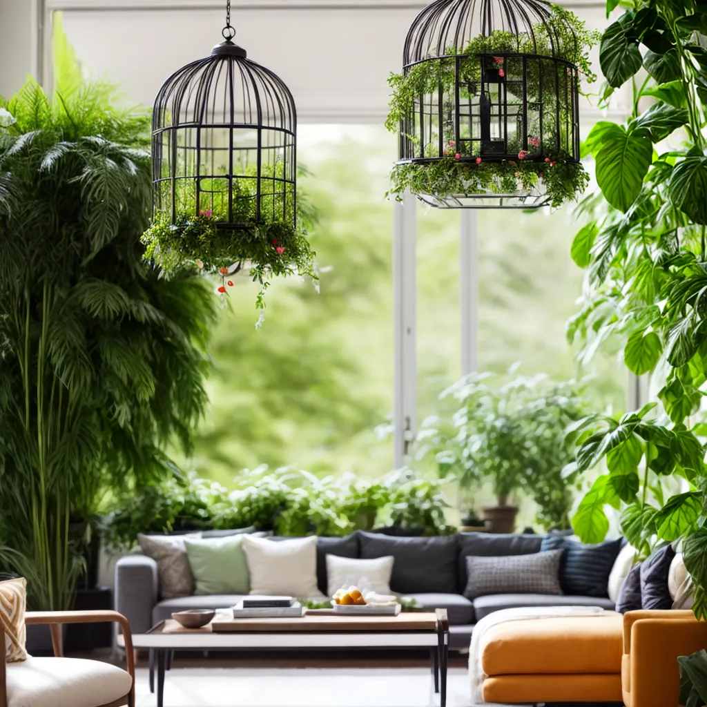 sala decorada plantas passarinhos