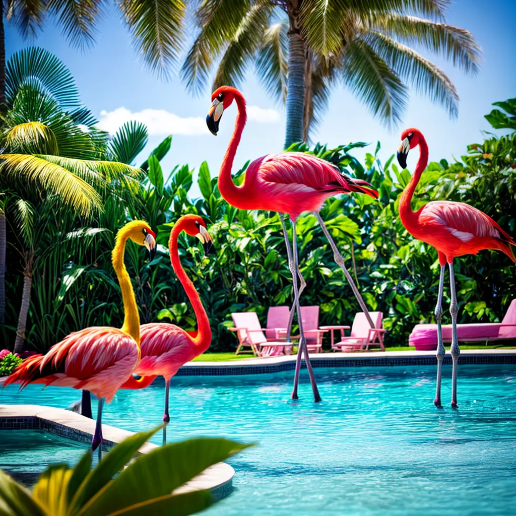 paraiso tropical palmeiras flores piscina flamingos