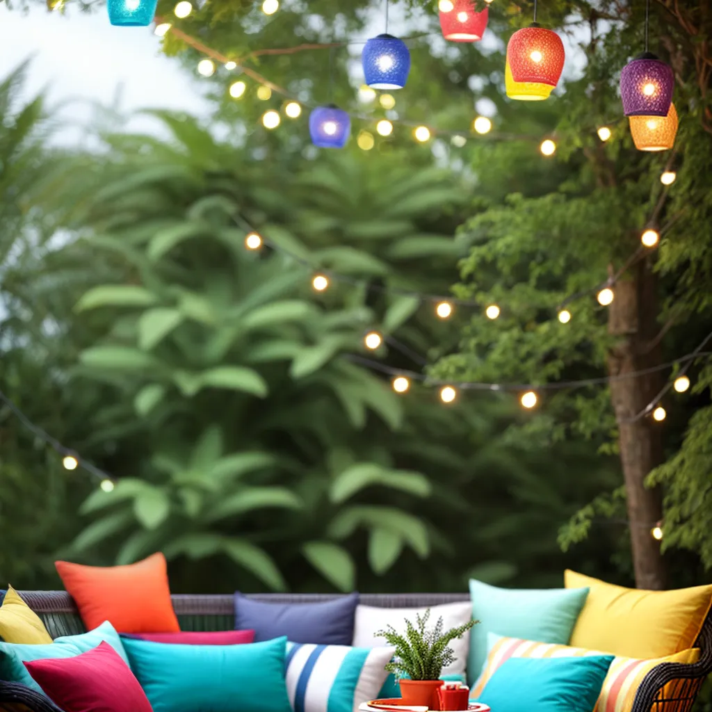 espaco externo sofa rattan plantas luzes