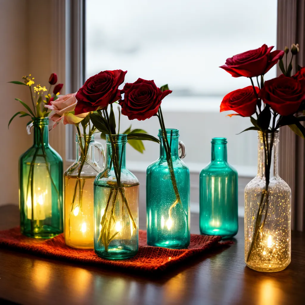 garrafas decorativas flores luzes fitas