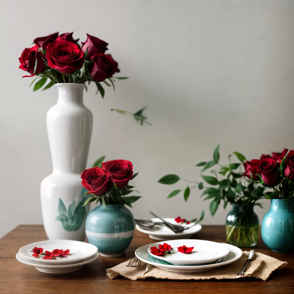 vaso porcelana rosas vermelhas mesa rustica