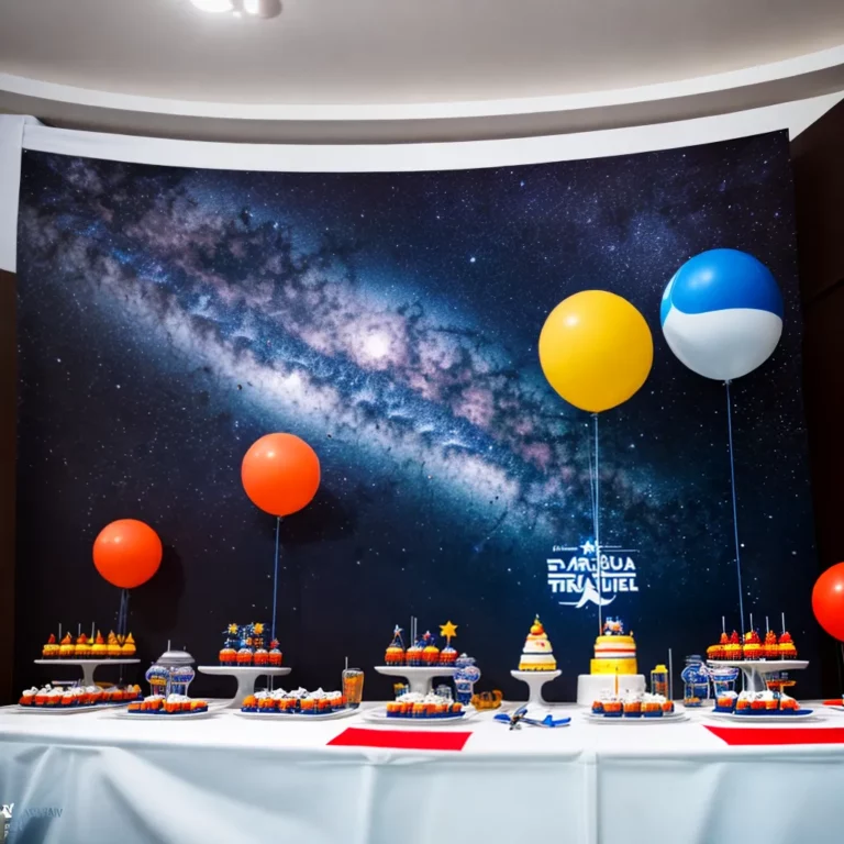 Decoração de festa com tema de astronautas e espaço sideral