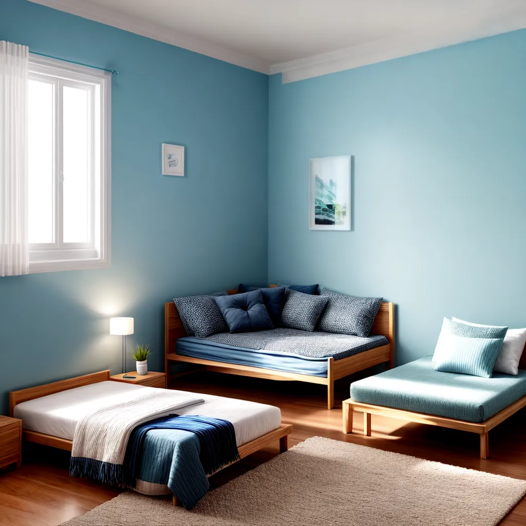 quarto azul branco almofadas