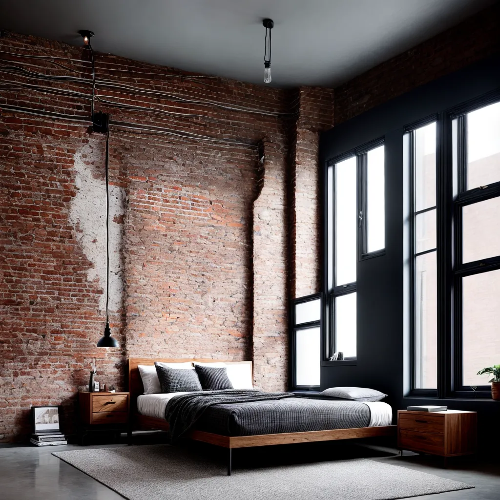 quarto industrial tijolos concreto cama