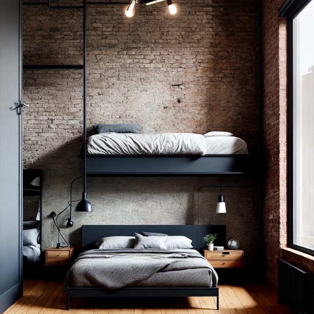 quarto industrial tijolo cinza movel metal