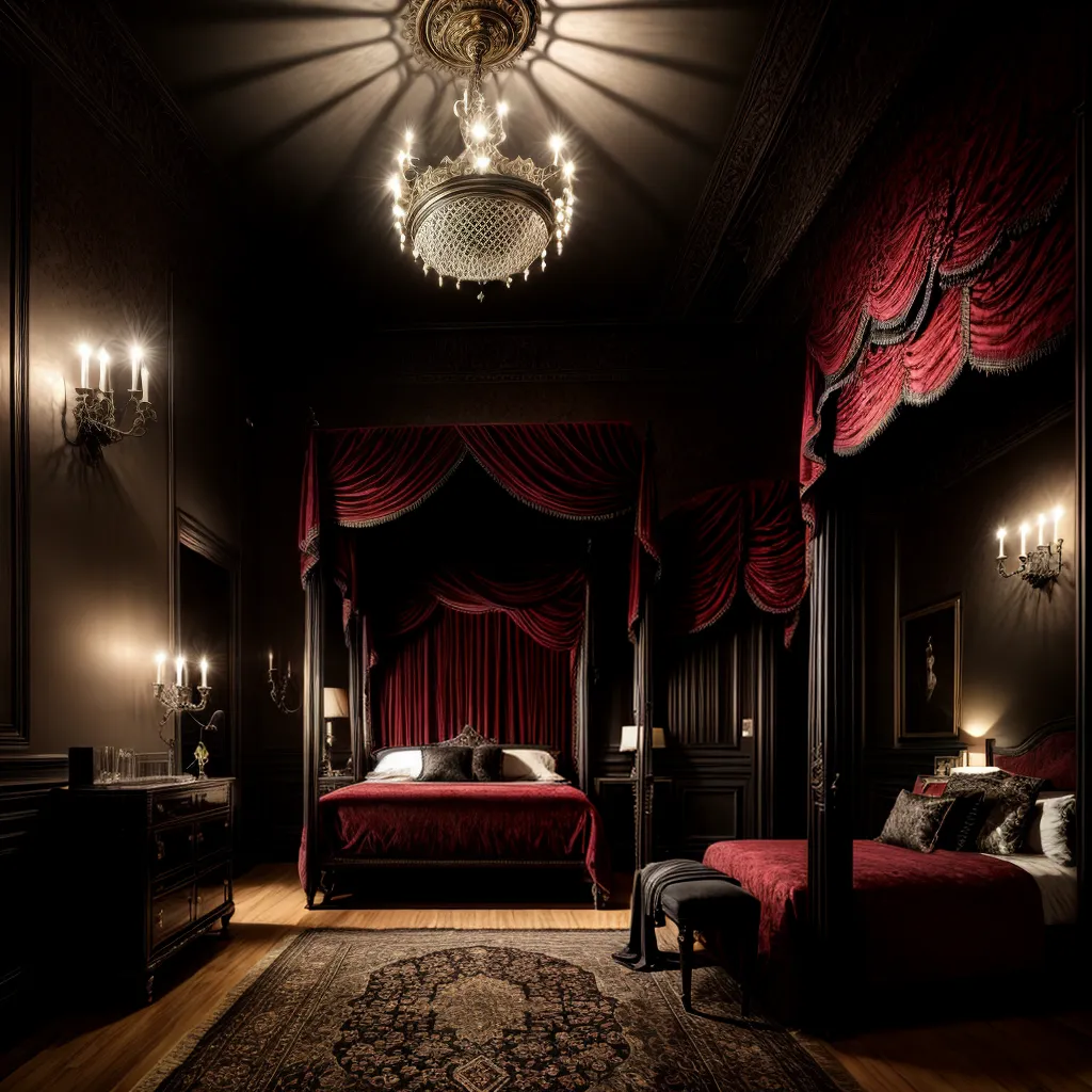 quarto gotico cama veludo tapecaria