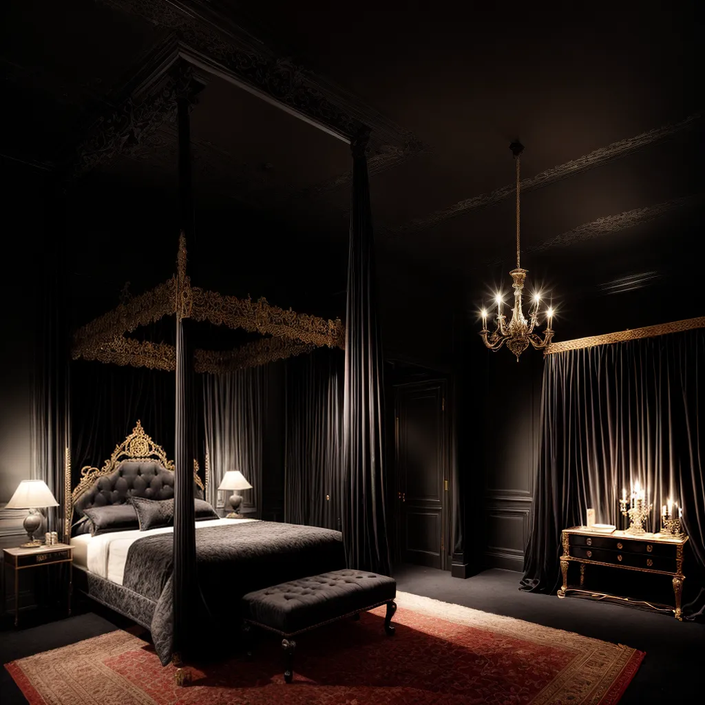 quarto gotico cama veludo candelabros