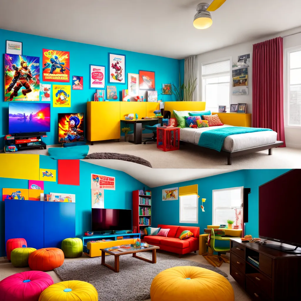 quarto gamer colorido setup confortavel