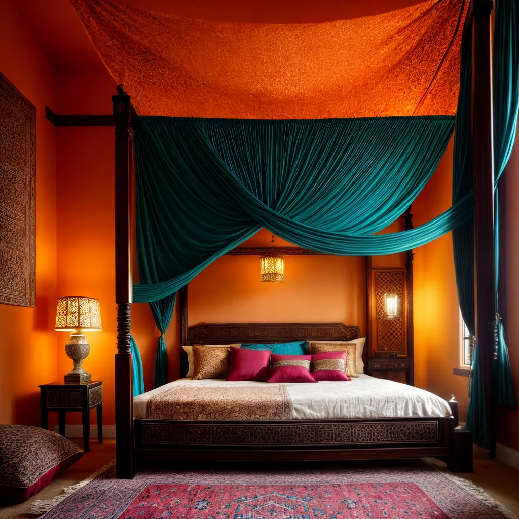 quarto marroquino colorido lanterna tapecaria