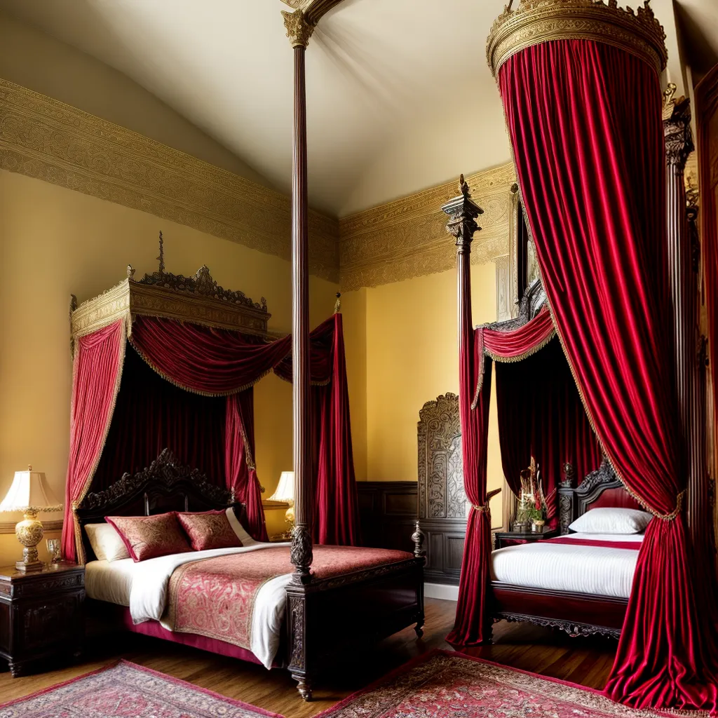 cama ornamentada veludo quarto renascentista