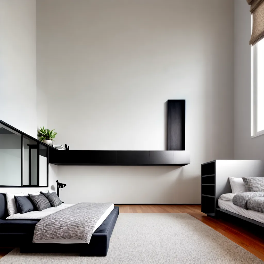 quarto minimalista neomoderno cama rug luminaria