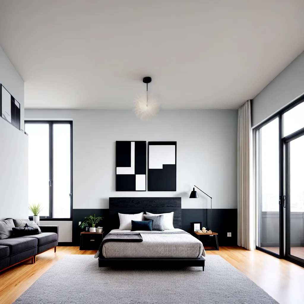 quarto minimalista neomoderno cama rug luminaria 1