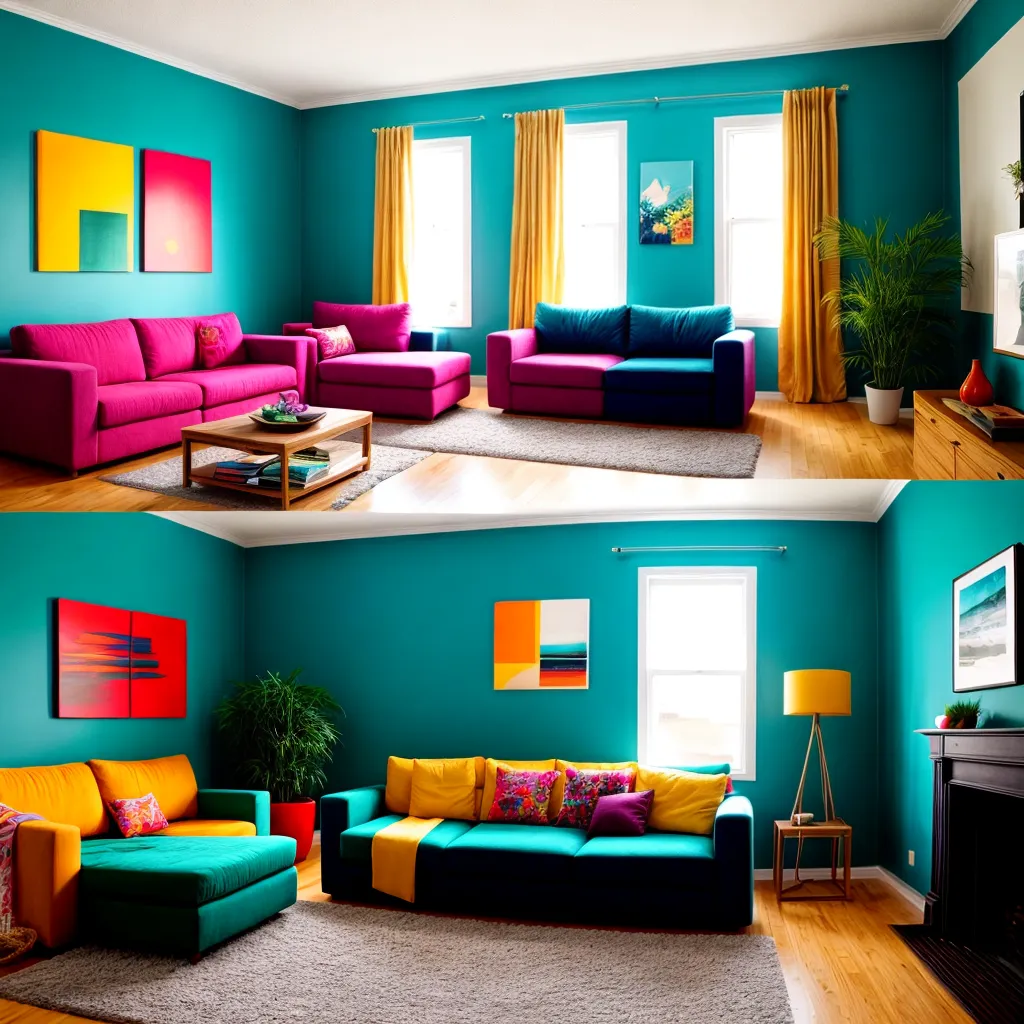 sala colorida teal sofa plantas