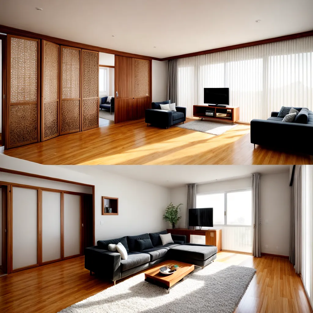 sala decorada divisores madeira vidro
