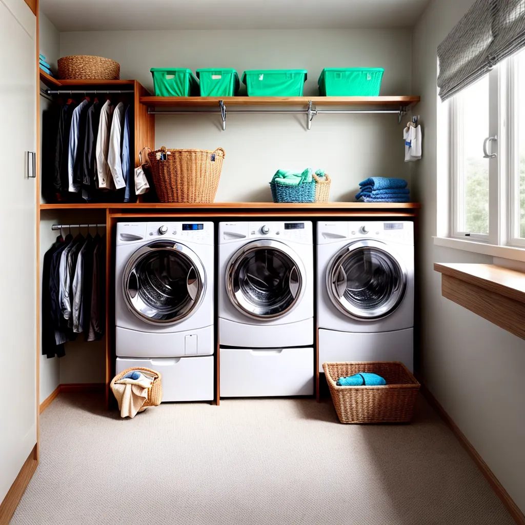lavanderia organizada prateleiras roupas limpeza