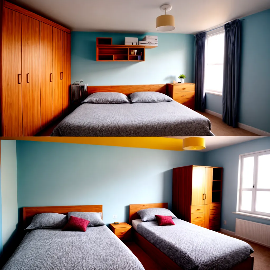 quarto compartilhado camas coloridas armazenamento