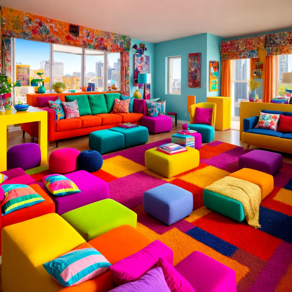 sala desorganizada moveis coloridos decoracao excessiva 1