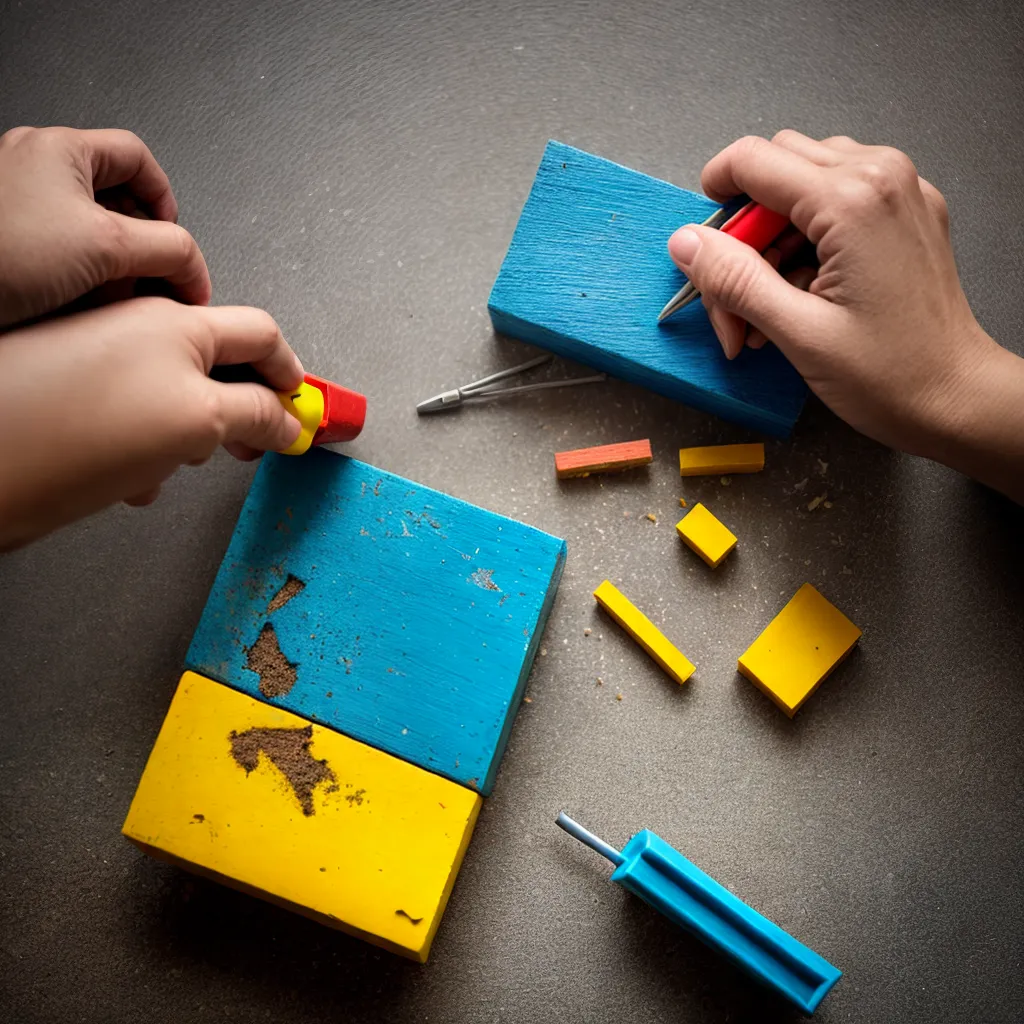 maos crianca bloco brinquedo desgastado