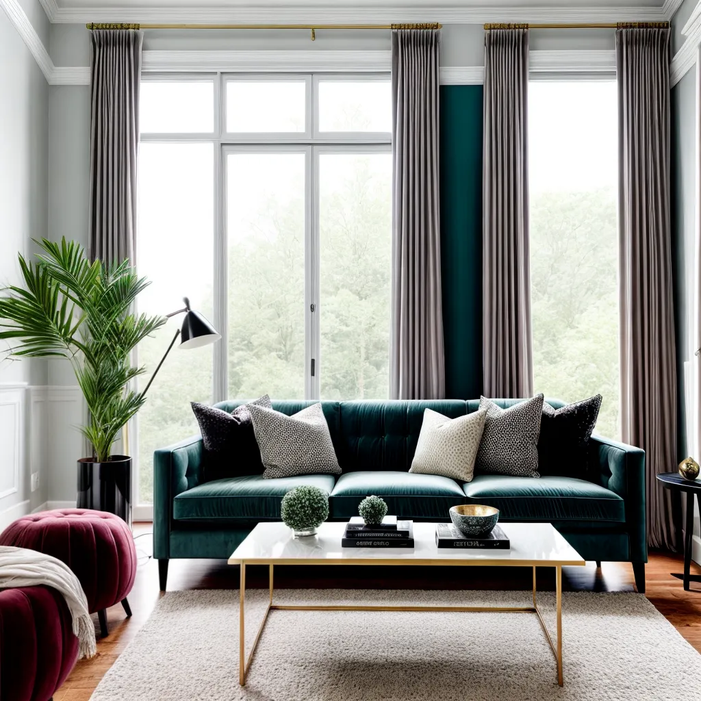 sala luxuosa sofa arte mesa cortinas