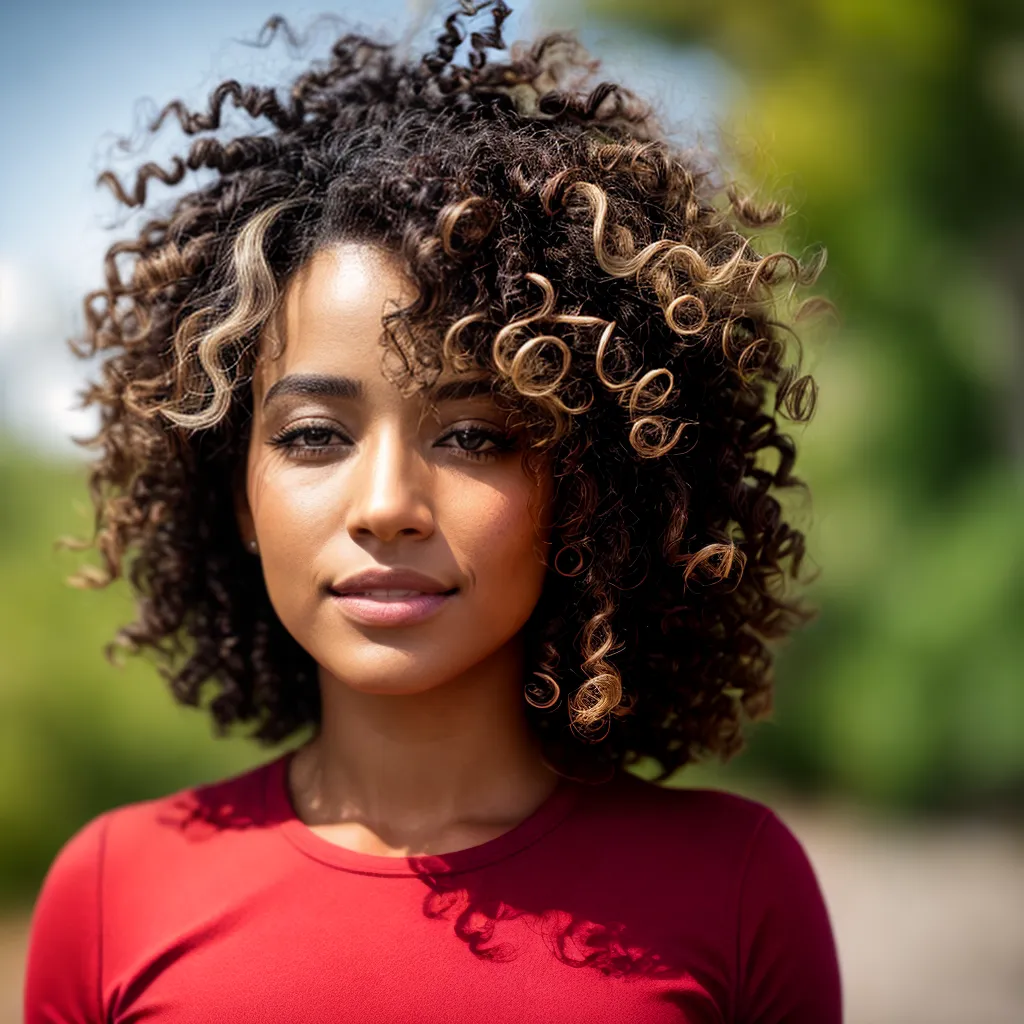 mulher cabelo cacheado mechas radiante