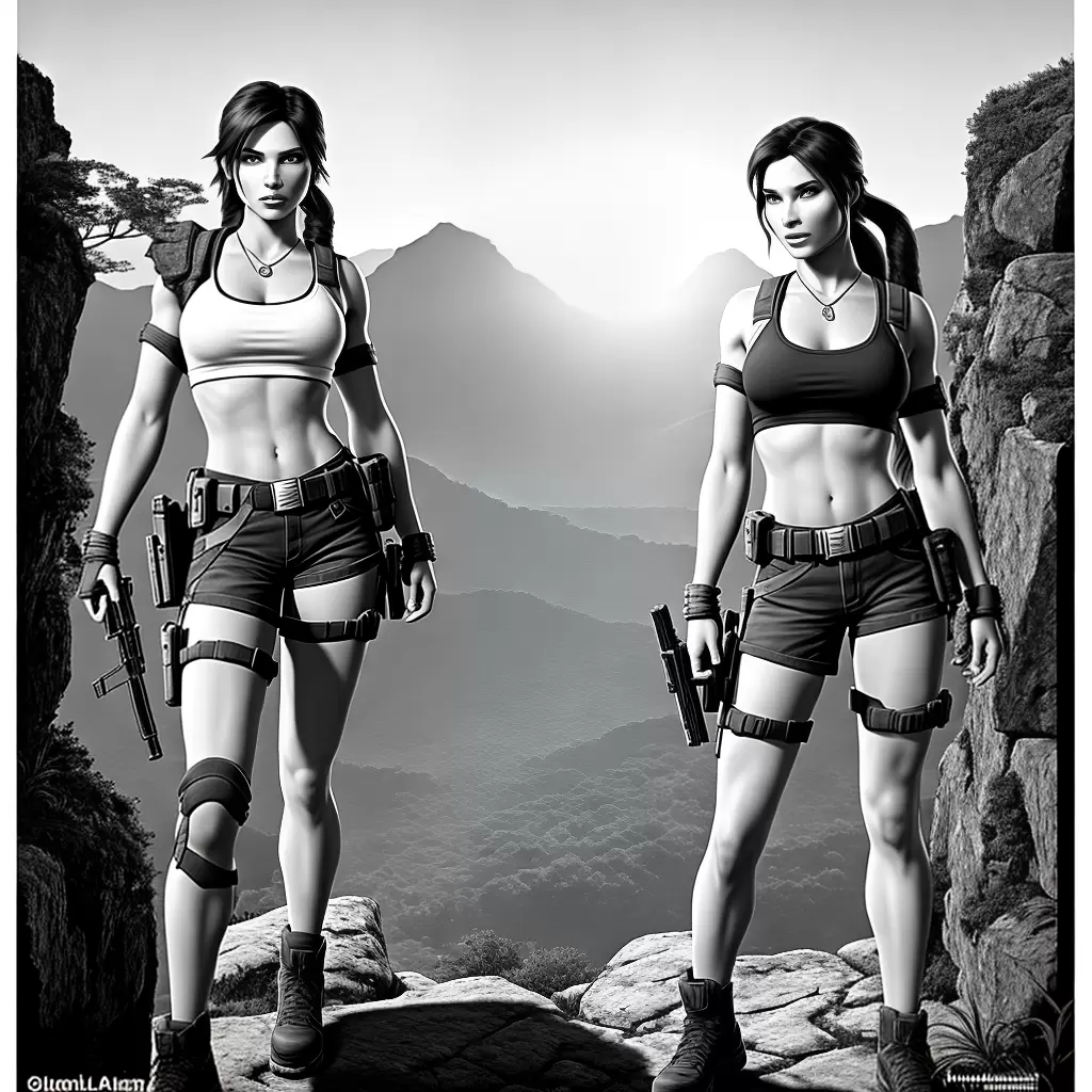 Fotos lara croft pistolas jungle paisagem por do sol