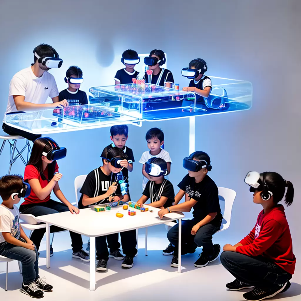 Fotos familia futurista mesa holografica atividades