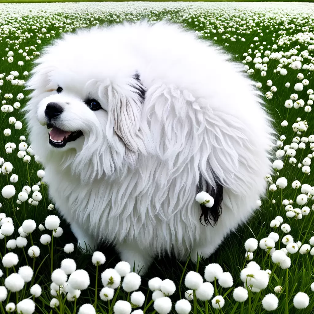 Fotos cao fluffy campos flores borboleta