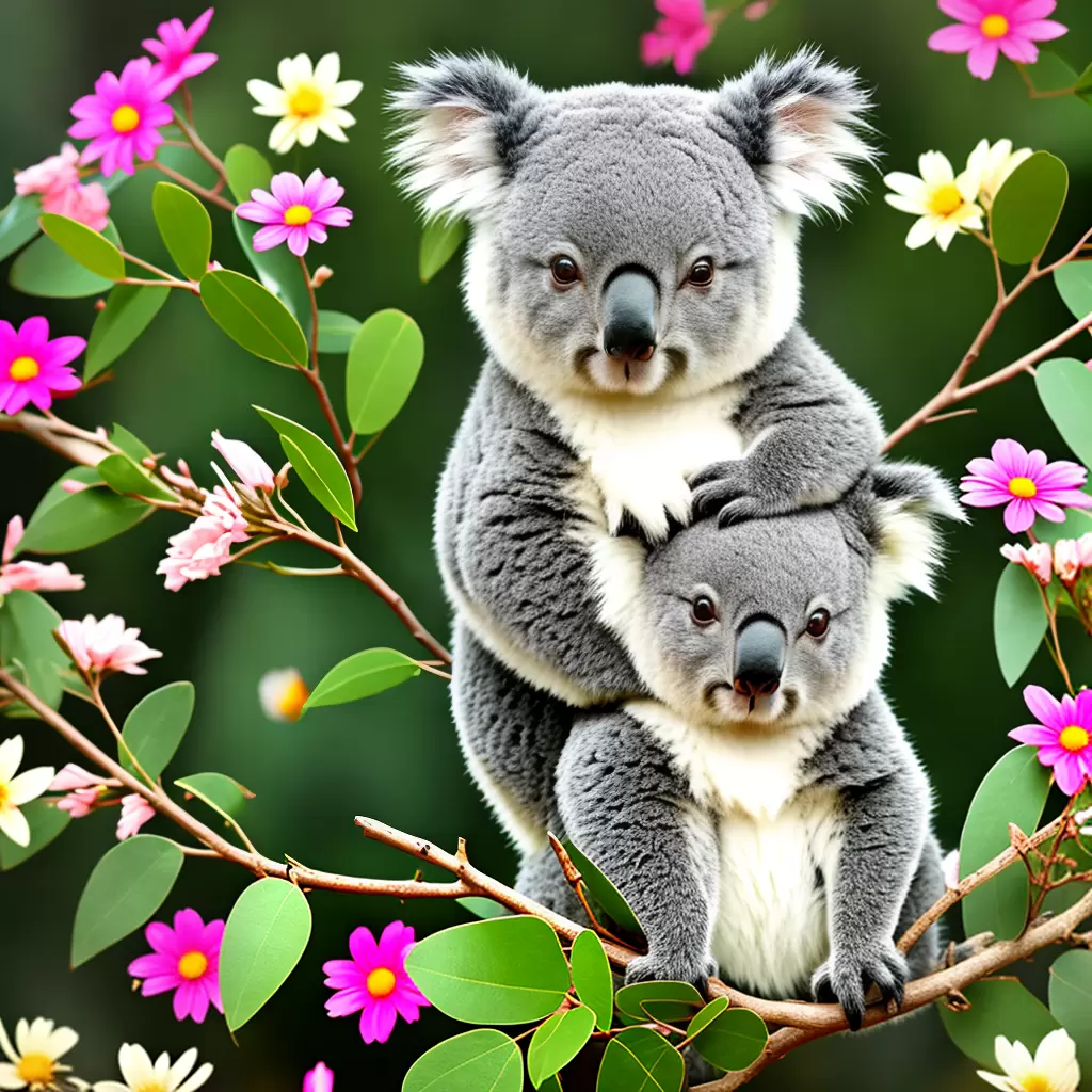 Fotos koala ramo eucalipto flores borboletas