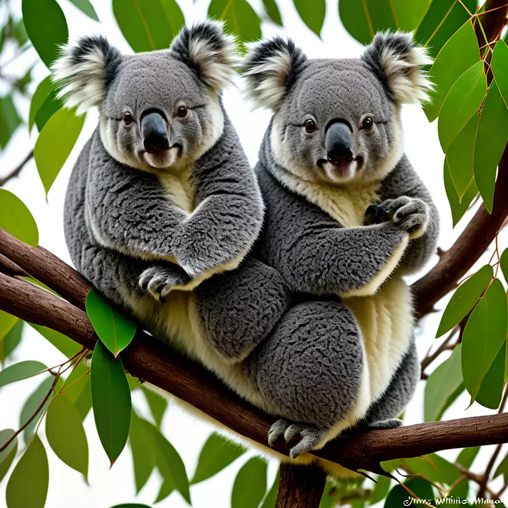 Fotos koala sorridente ramo eucalipto