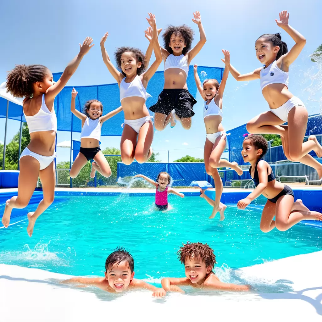 Fotos criancas piscina sol flutuadores alegria