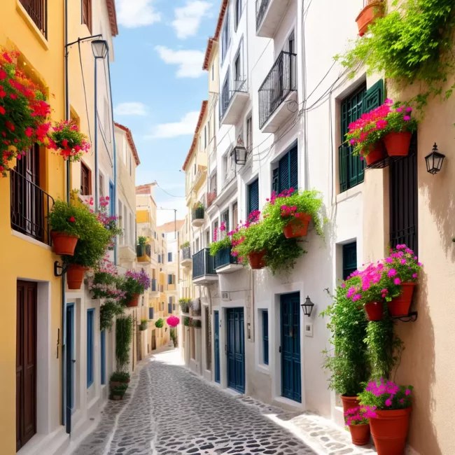 Fotos rua grecia colorida flores gato
