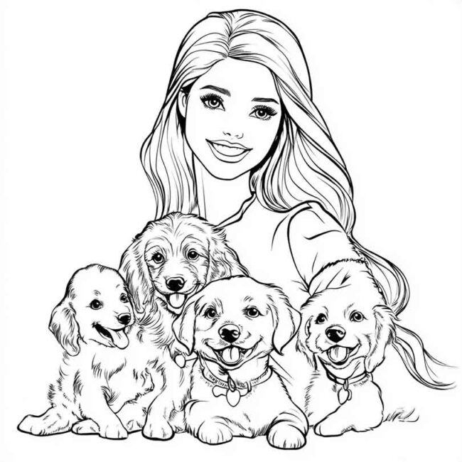 Barbie com Cachorro e Filhotes para colorir png 9