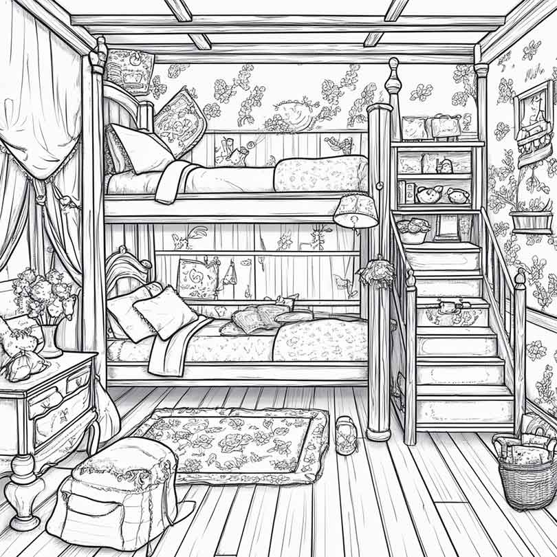 Desenhos GRÁTIS de Quarto de Menina para Imprimir e Colorir/Pintar