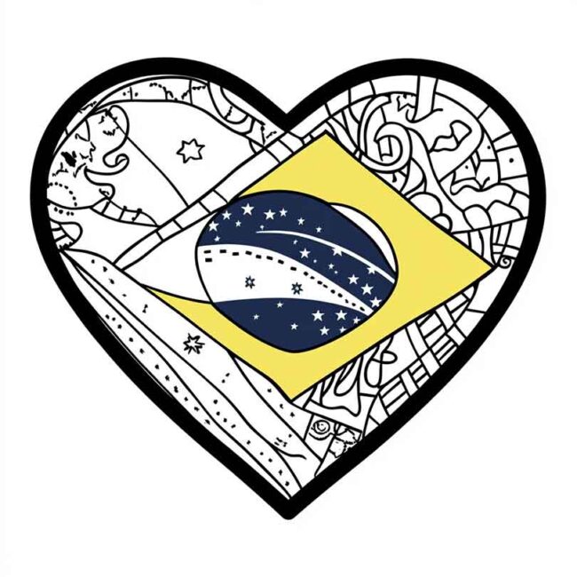 Desenhos de Bandeira do Brasil em Formato de Coração para Colorir