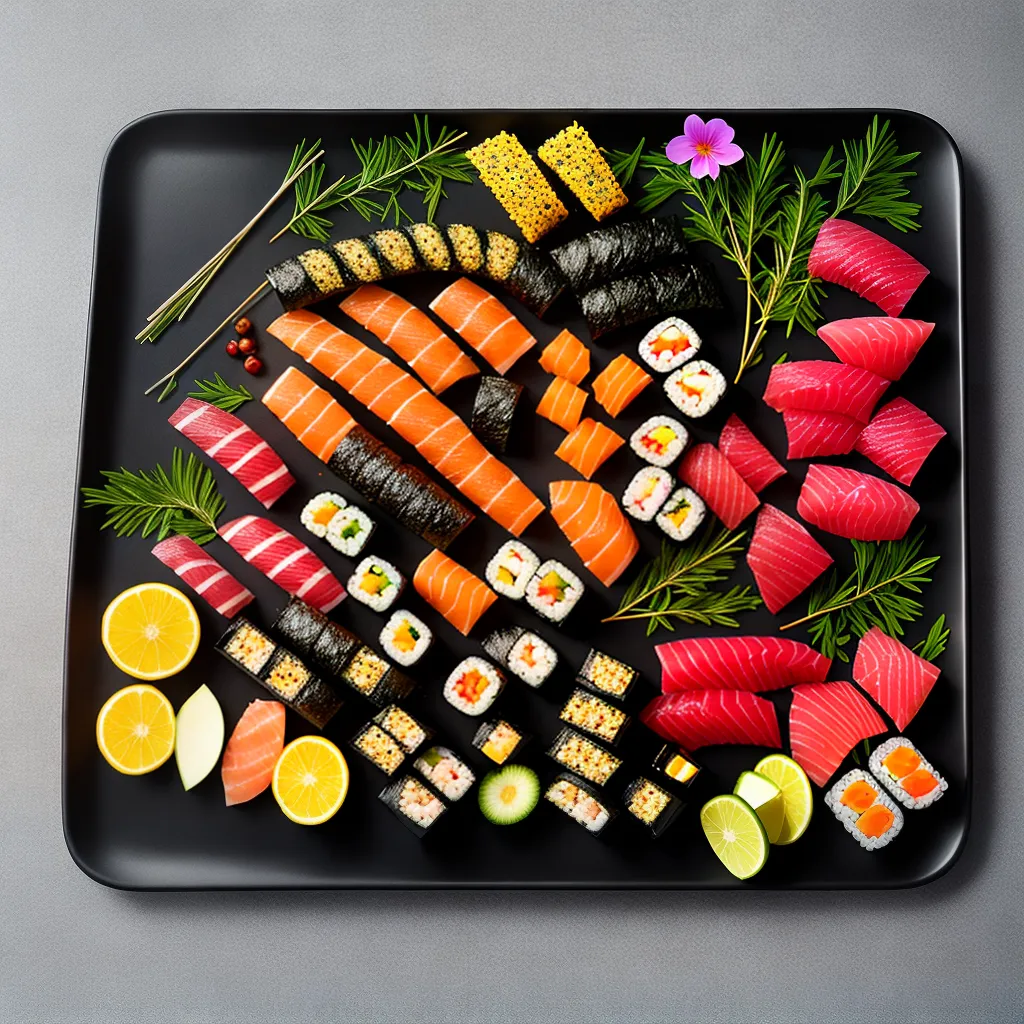 Fotos sushi platter colorido flores