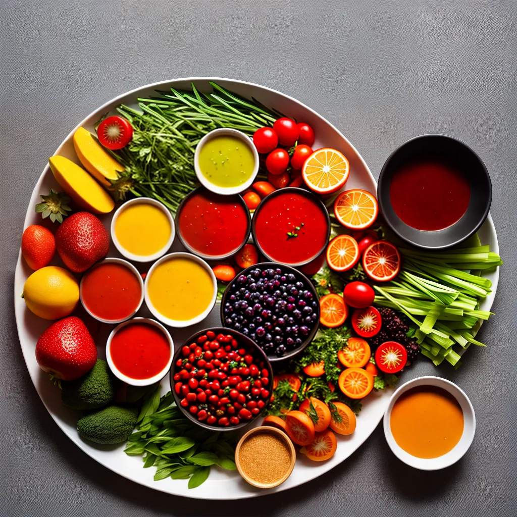 Fotos platter colorido legumes frutas molhos
