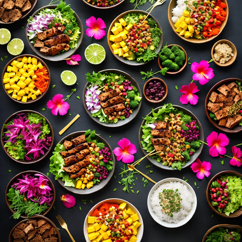 Fotos banquete havaiano poke porco frutas