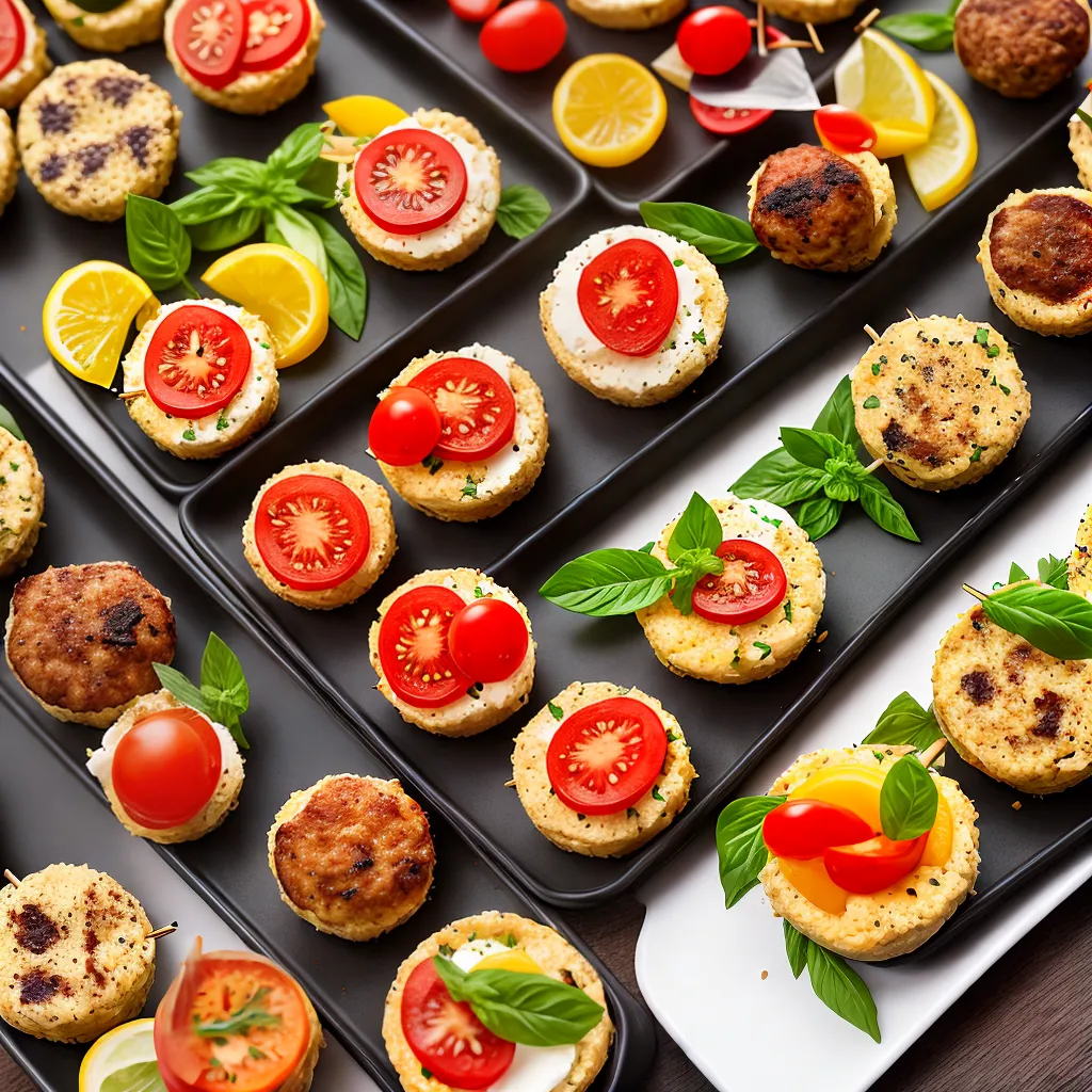 Finger foods de casamento com quiches, frutas e salada em porções individuais