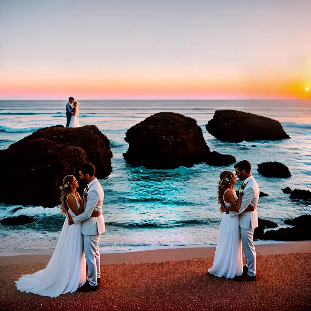 Fotos casamento praia por do sol vestido noiva