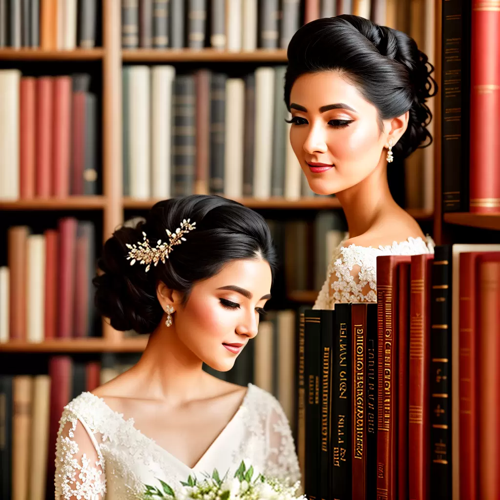 Fotos noiva penteado elegante biblioteca livros glow
