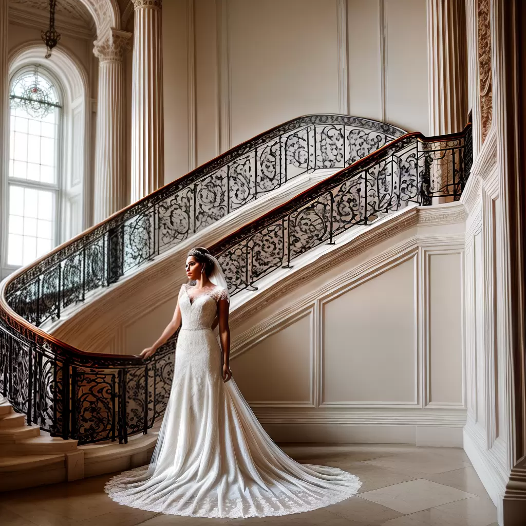 Fotos noiva romantica veu renda escada marmore